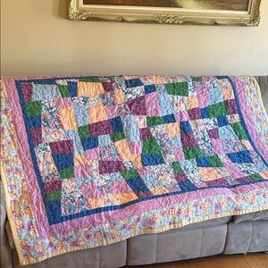 Handmade Patchwork Quilt in Pink, Blue, Green & Peach
